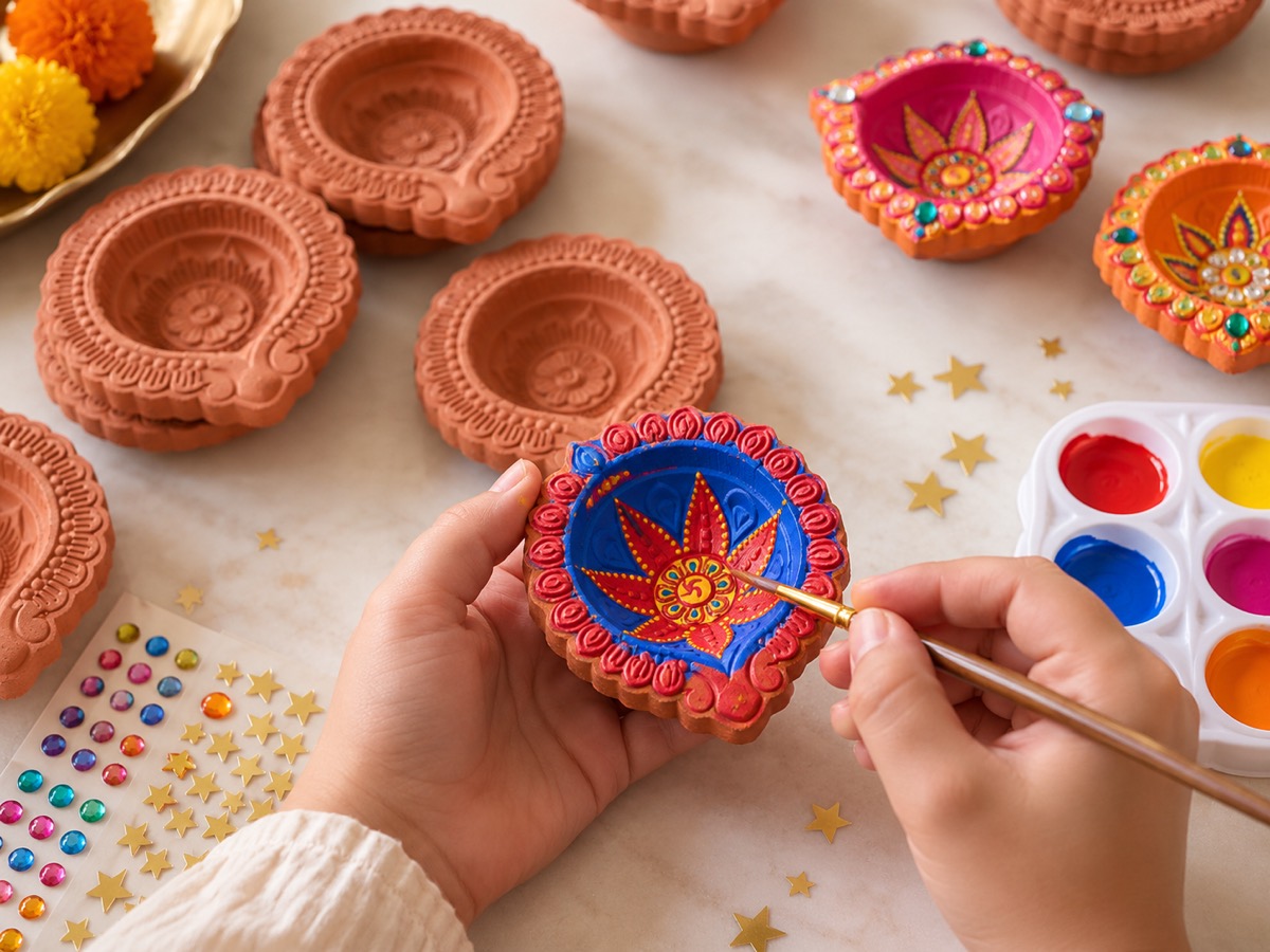 Hands painting a clay diya in red and blue, with unpainted terracotta diyas, painted diyas, paints, gems and gold stars