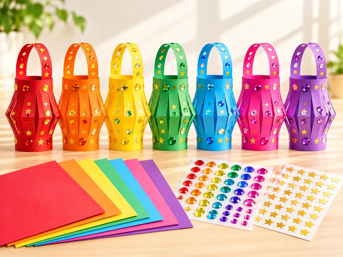 Paper lanterns in rainbow colors decorated with gems and gold stars, with colored cardstock and sticker sheets