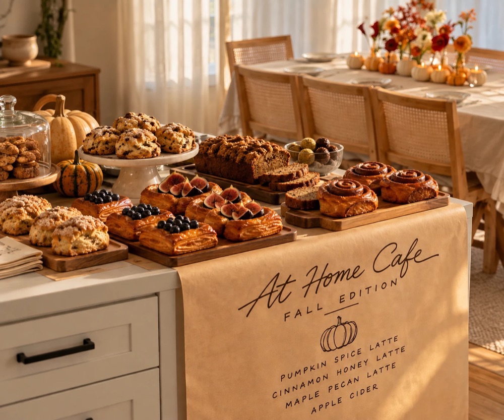 Apartment Café, pastries, scones and pumpkin bread on a kitchen counter