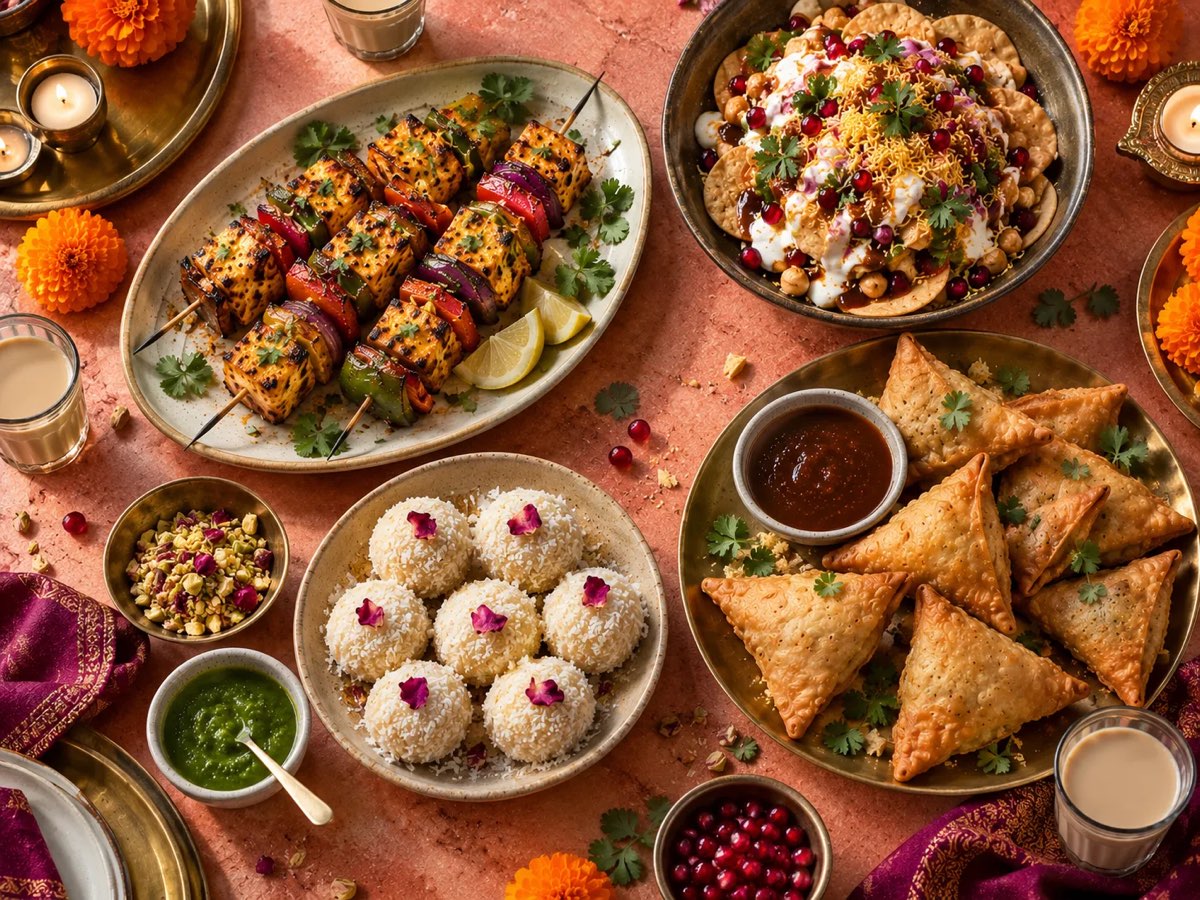 A Diwali spread: paneer tikka skewers, papdi chaat, samosas with tamarind chutney, coconut ladoo, mint chutney and masala chai, with marigolds and tealights