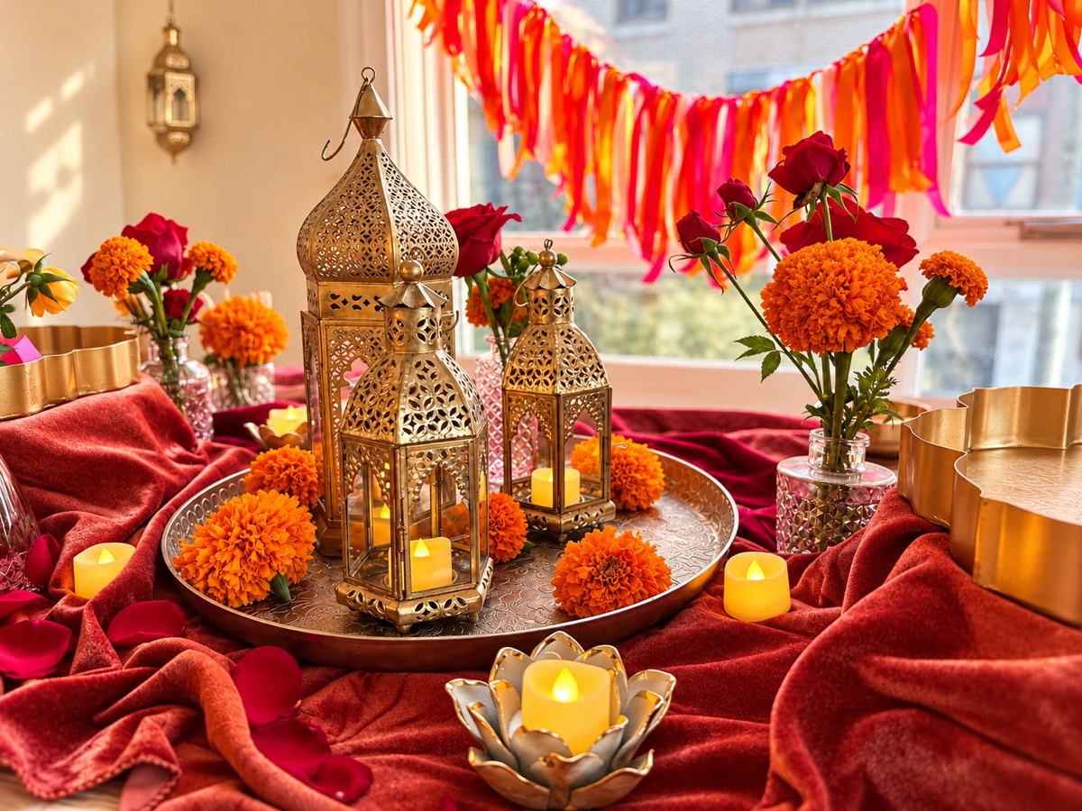 Diwali Lights, brass lanterns with candles ringed with marigolds and red roses on a red velvet table under a ribbon garland
