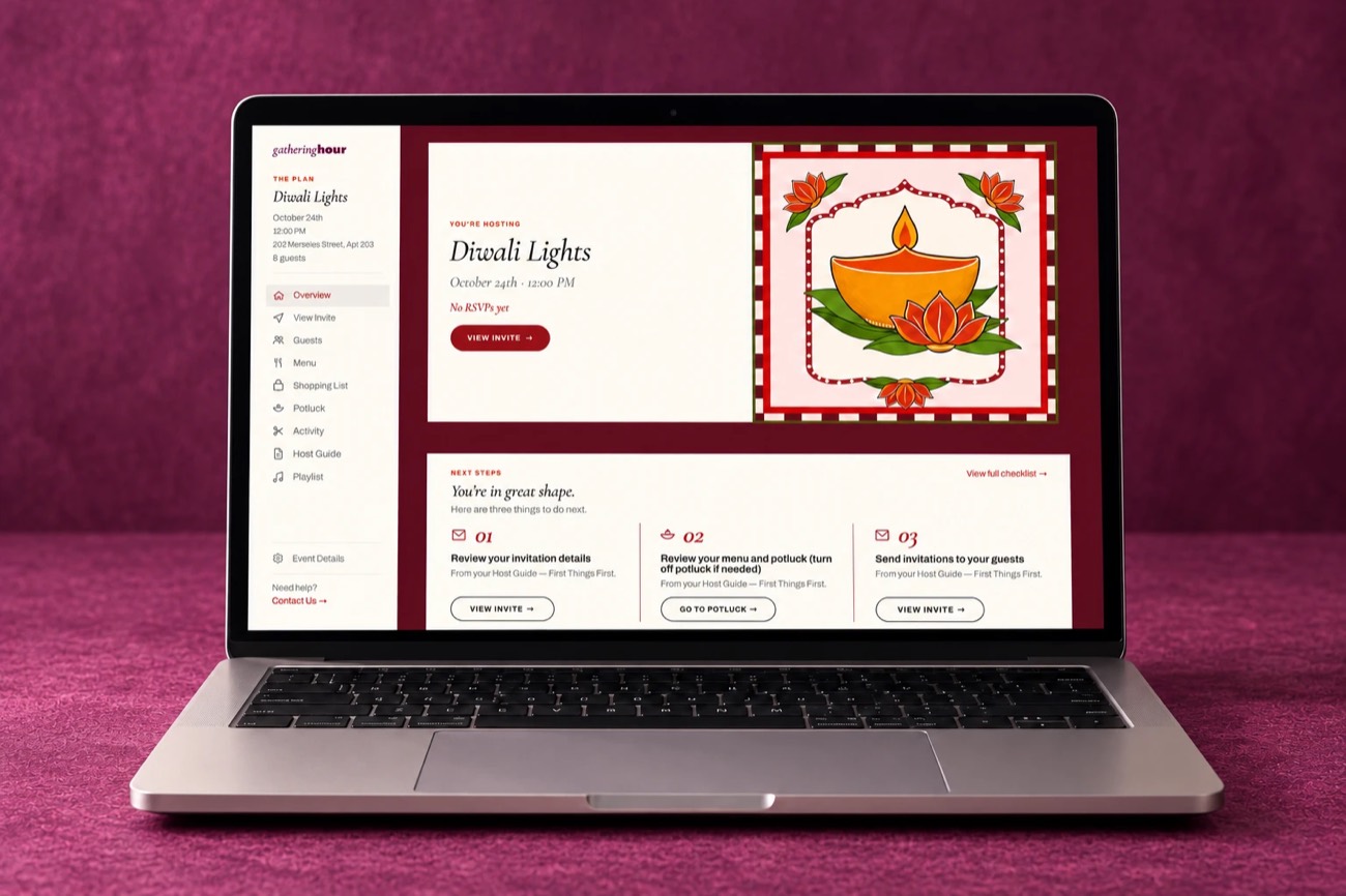 The Diwali Lights Gathering Plan dashboard on a laptop