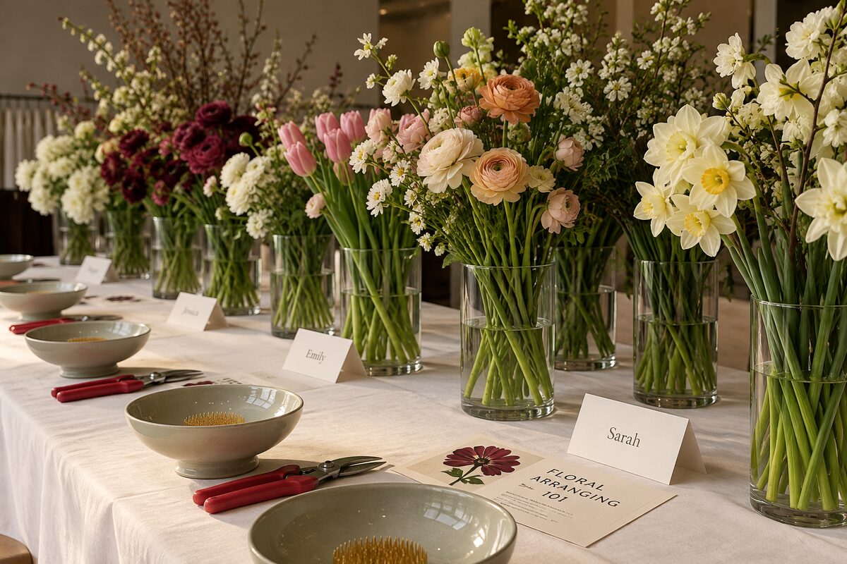 Flower arranging, stems in glass vases