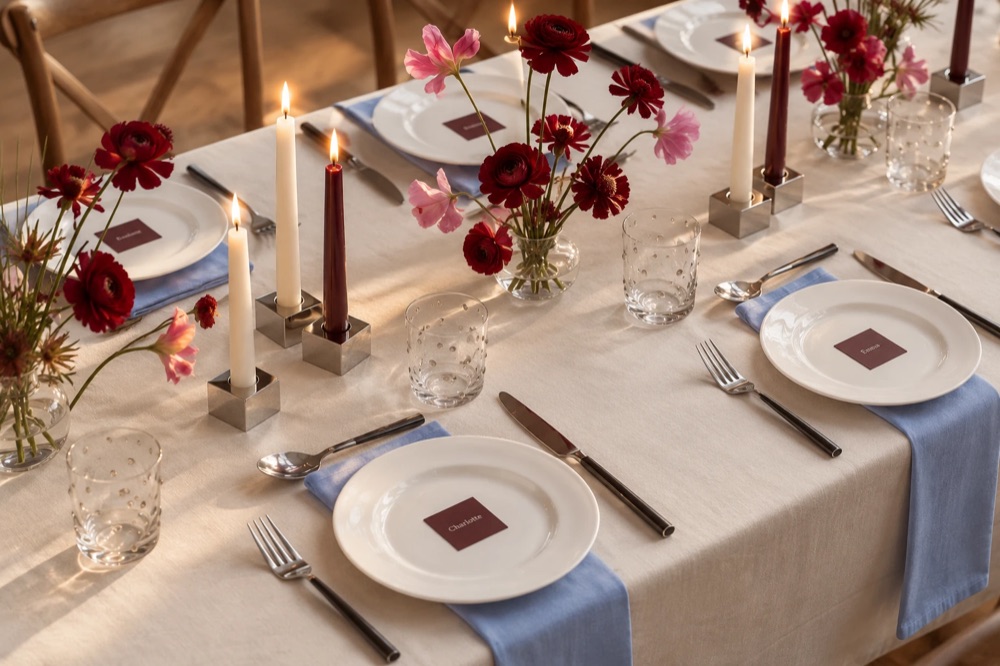 The Dinner Party, candlelit table with burgundy and pink flowers