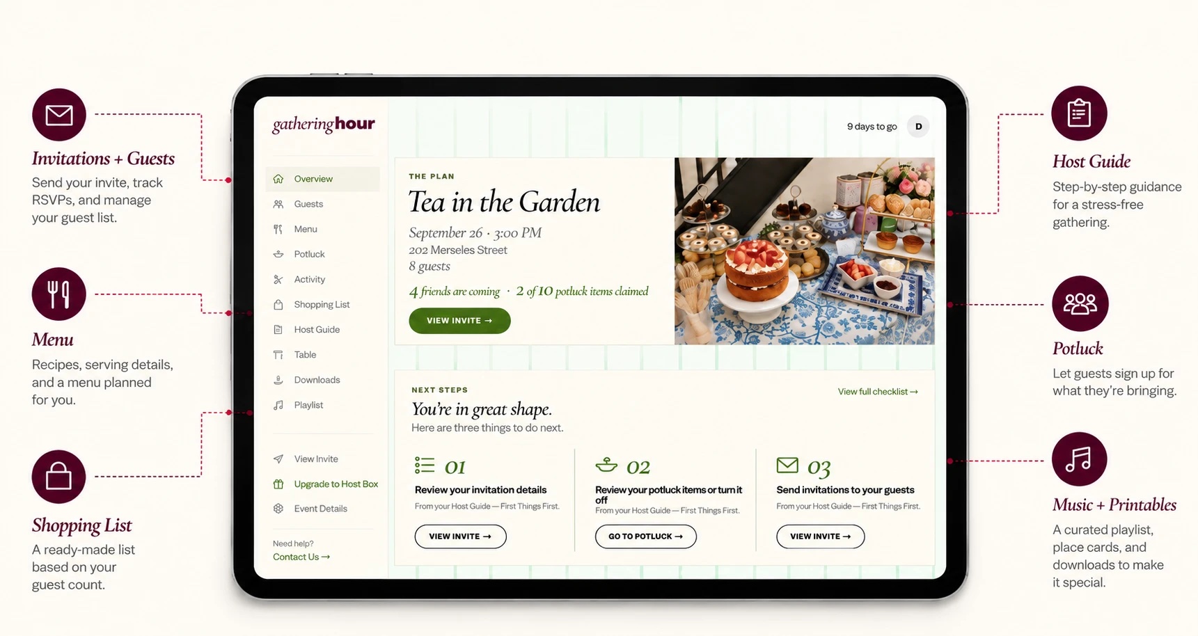 Gathering Plan dashboard on an iPad, with Invitations + Guests, Menu, Shopping List, Host Guide, Potluck and Music + Printables called out