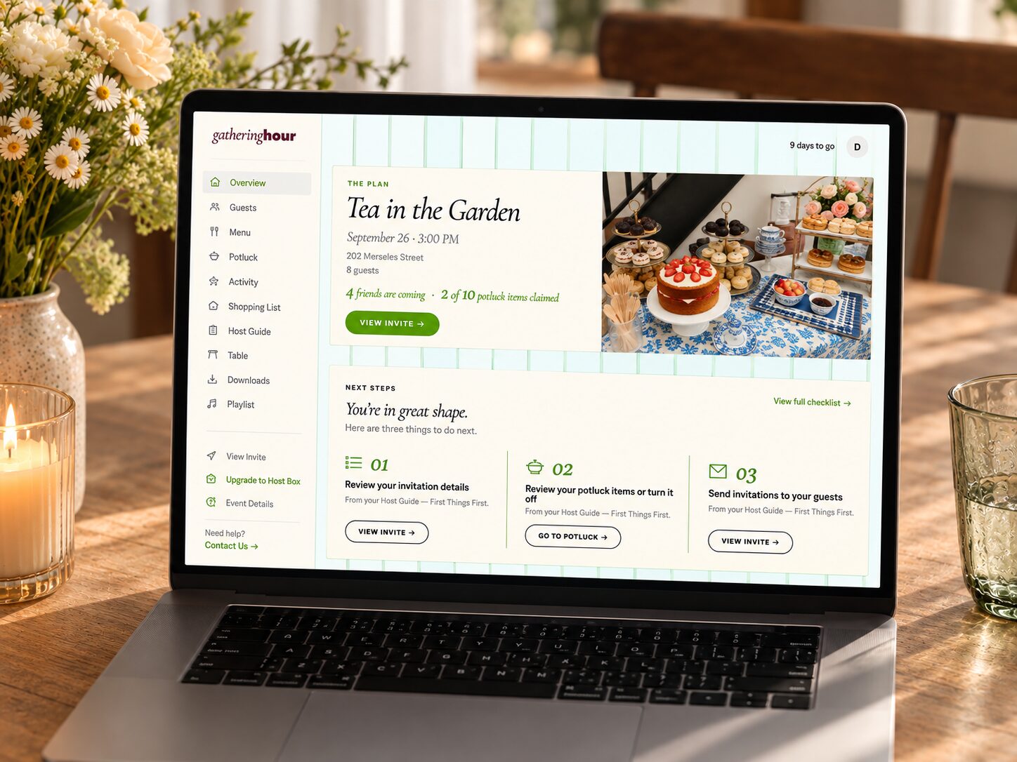 Gathering Plan dashboard on a laptop, showing the Tea in the Garden Overview page