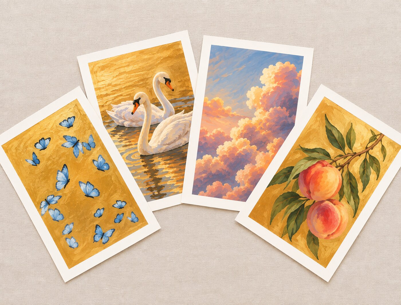 Golden Hour artwork, swans, butterflies, clouds and peaches prints