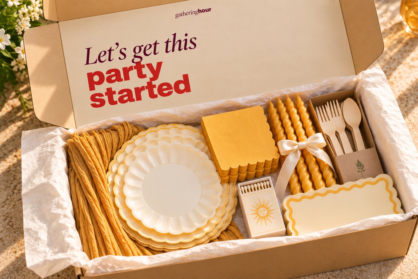 An open Golden Hour Host Box with scalloped plates, napkins, candles, wooden cutlery and place cards