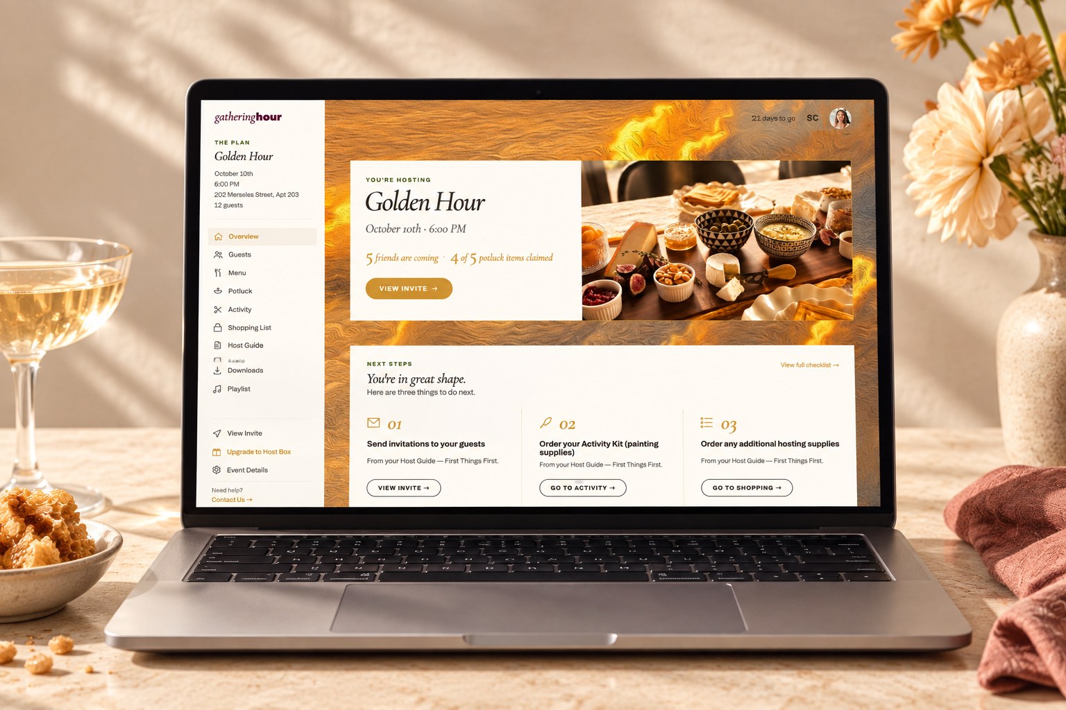 Gathering Plan dashboard, laptop mockup for Golden Hour