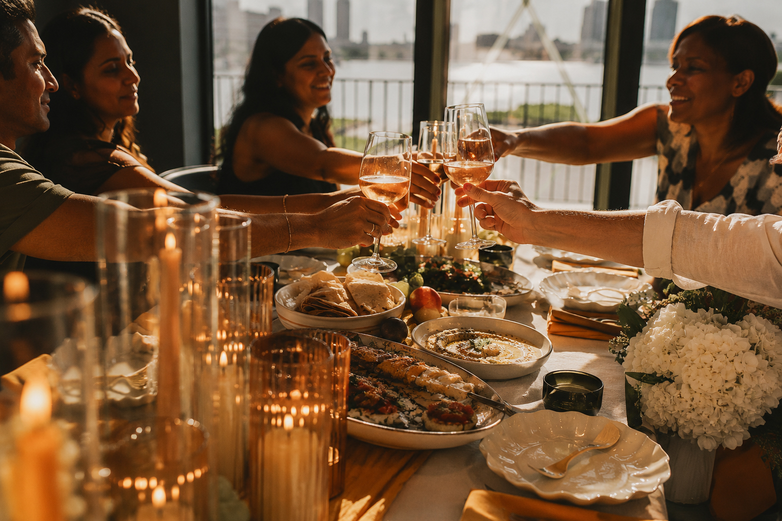 Friends raising a toast at a candlelit golden hour dinner