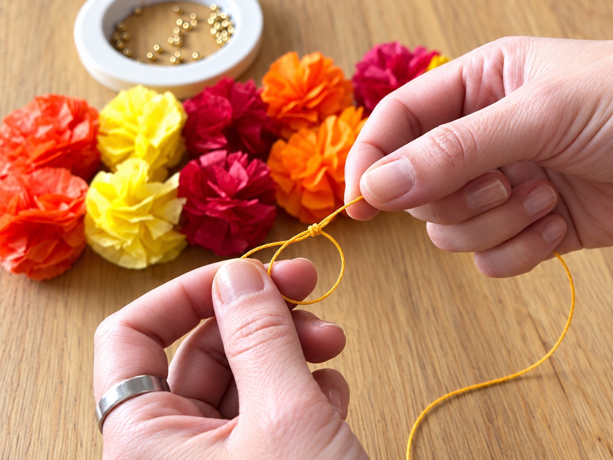 Tying a small loop in the orange cord, with tissue paper flowers and gold beads in the background.