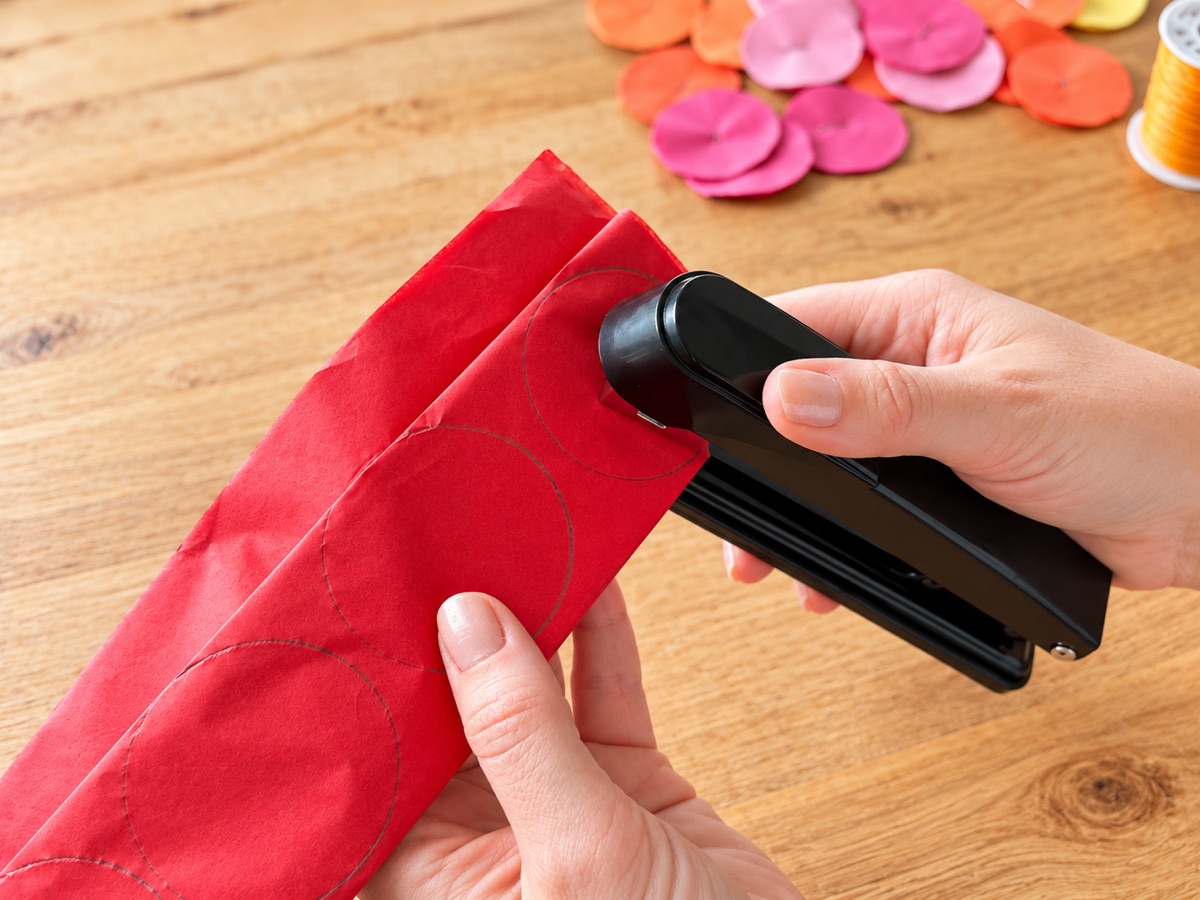 Stapling the center of a traced circle on the folded tissue paper.