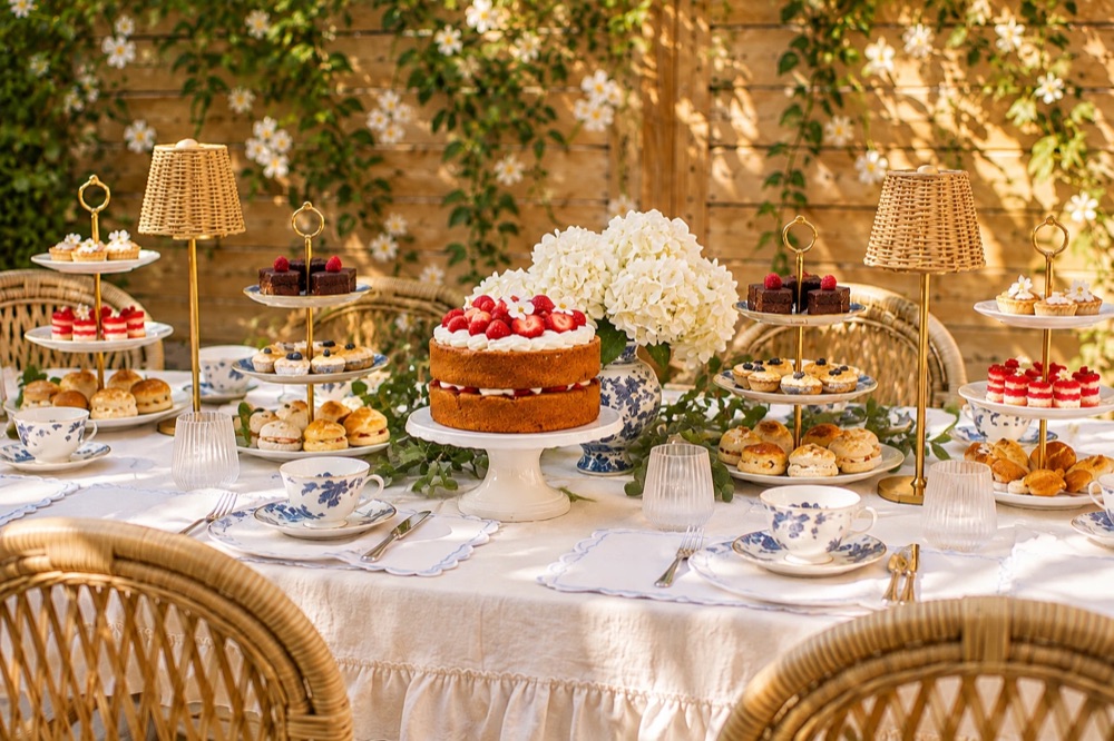 Tea in the Garden, garden table with Victoria sponge, tiered stands, blue and white china and hydrangeas